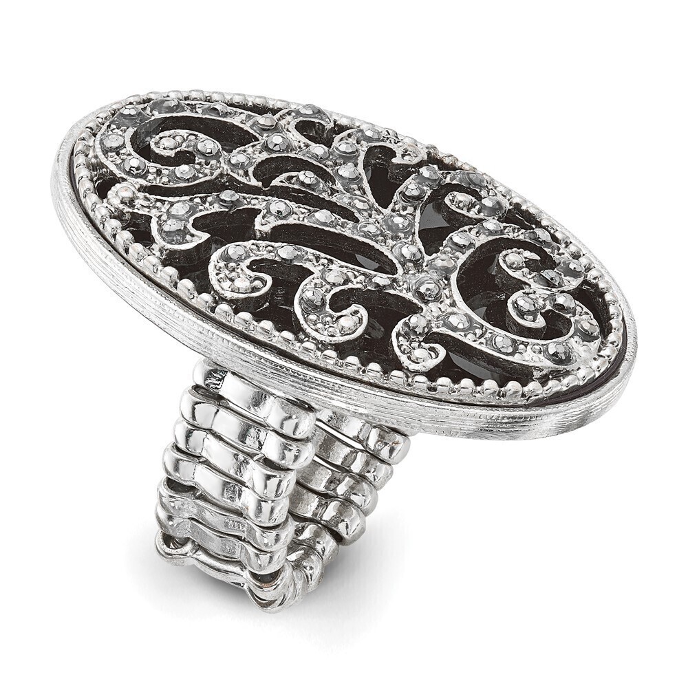 1928 Black Enamel and Black Crystal Vintage Vine Pattern Stretch Ring